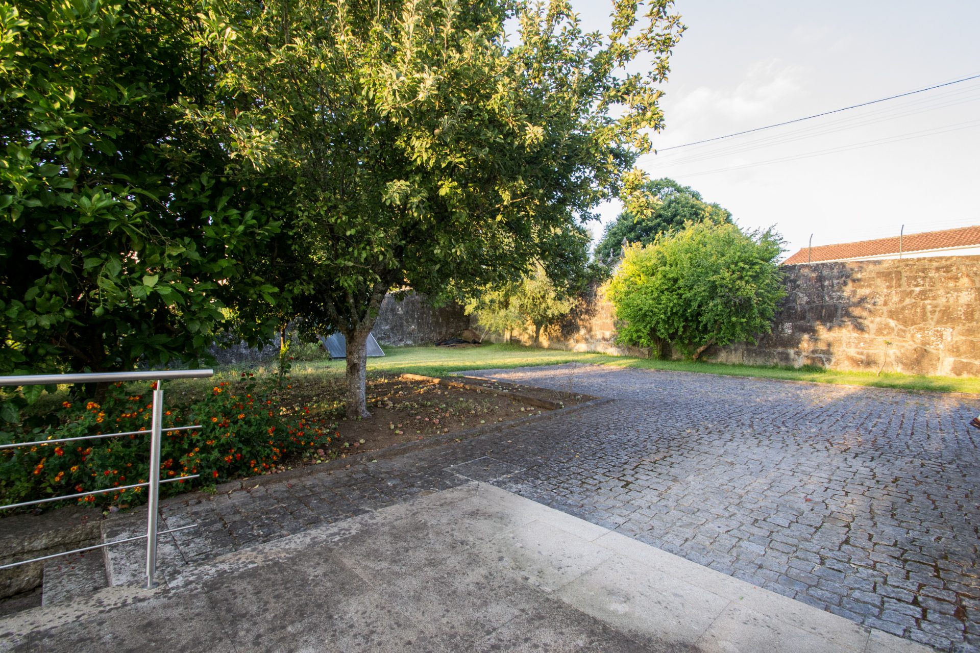 Pomar com macieira, muro de granito e caminho empedrado